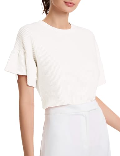 DRESSTELLS Kurzarm Strickpullover für Damen Weiß Sommer Top Shirt Elegant Rundhals Rippstrick Oberteil Stretch Casual Frühling Tops White 2XL von DRESSTELLS