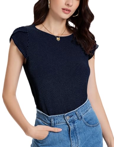 DRESSTELLS Dunkelblaues Elegantes Oberteil Damen Kurzarmpullover Sommer Shirt Gestreifte Rundhals Tshirt Leicht Einfarbig Oberteil Casual Top Navy S von DRESSTELLS