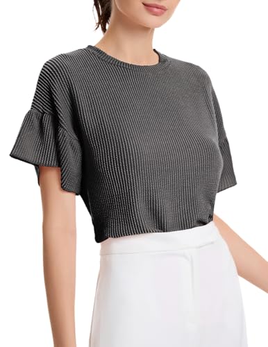 DRESSTELLS Pullover Damen Shirt Kurzarm Sommer Schwarz Top Rundhals Rippstrick Oberteil Elegant Stretch Casual Frühling Tops Black XL von DRESSTELLS