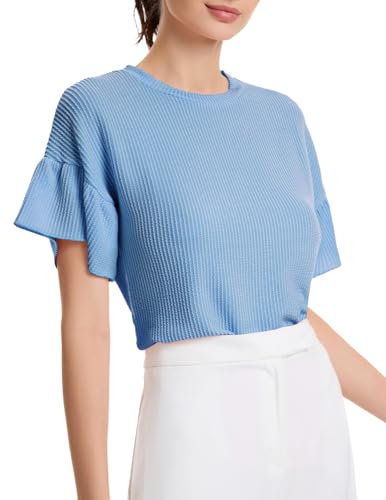 DRESSTELLS Pullover Damen Kurzarm Sommer Top Blau Shirt Elegant Rundhals Rippstrick Oberteil Stretch Casual Frühling Tops Blue XL von DRESSTELLS