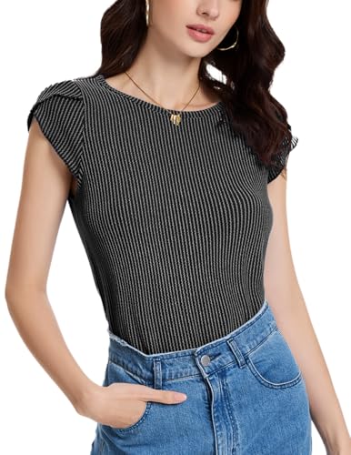 DRESSTELLS Pullover Damen Schwarz Sommer Kurzarm Strickpullover Bluse Elegant Rundhals Sweatshirt Gestreifte Tshirt Einfarbig Oberteil Casual Top Black M von DRESSTELLS