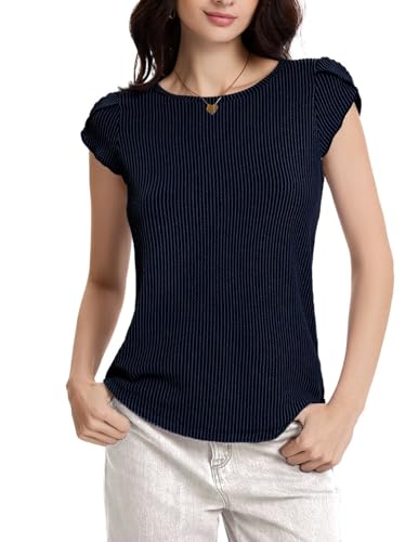 DRESSTELLS Pullover Damen Sommer Musselin Bluse Elegant Blau Kurzarmpullover Gestreifte Tshirt Leicht Einfarbig Oberteil Casual Top Frühling Navy L DRESSTELLS Pullover Damen Sommer Musselin Bluse Elegant Blau Kurzarmpullover Gestreifte Tshirt Leicht Einfarbig Oberteil Casual Top Frühling Navy L von DRESSTELLS