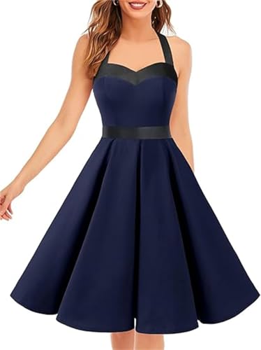 DRESSTELLS Cocktailkleid Damen Festlich Neckholder Sommerkleid Vintage Abendkleider Elegant Für Hochzeit Partykleid Knielang Tanzkleid Rockabilly Kleider Navy Black S von DRESSTELLS