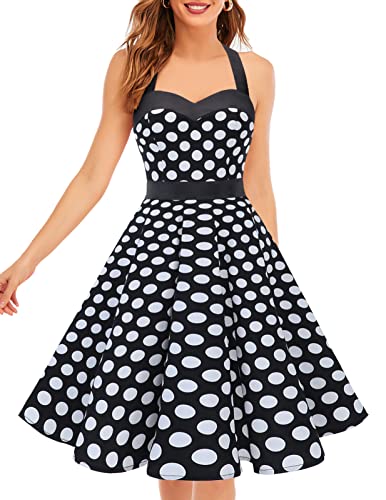 DRESSTELLS Cocktailkleid Damen Elegant Rockabilly Kleider Etuikleid Festlich Vintage Kleid Curvy Große Größen Neckholder Partykleid Jugendliche Sommerkleid Knielang Black White Dot 2XL von DRESSTELLS