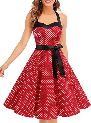 DRESSTELLS Cocktailkleid Damen Elegant Rockabilly Kleider Etuikleid Festlich Vintage Kleid Curvy Große Größen Neckholder Partykleid Jugendliche Sommerkleid Knielang Red Small White Dot 3XL von DRESSTELLS