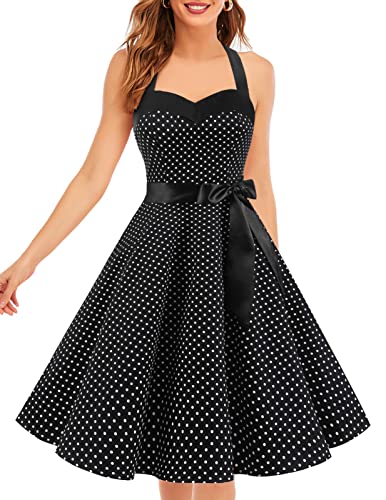 DRESSTELLS Cocktailkleid Damen Elegant Rockabilly Kleider Etuikleid Festlich Vintage Kleid Curvy Neckholder Partykleid Jugendliche Sommerkleid Knielang Black Small White Dot S von DRESSTELLS