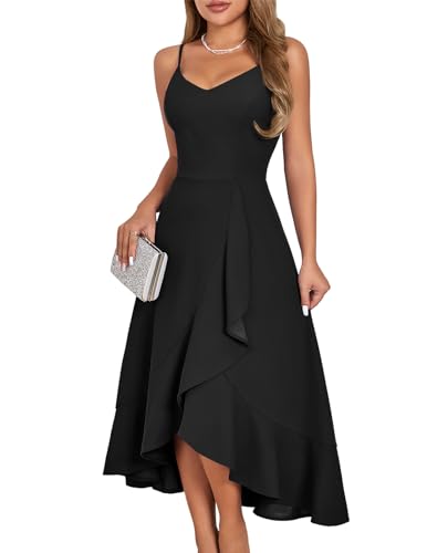DRESSTELLS Schwarzes Kleid Damen Elegant Cocktailkleid Festlich Träger Hochtief Kleider für Hochzeit Knielang Rüschensaum Sommerkleid Vintage Curvy Partykleid Black S von DRESSTELLS
