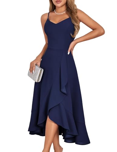 DRESSTELLS Cocktailkleid Damen Festlich Träger Hochtief Kleider für Hochzeit Dunkelblau Knielang Rüschensaum Sommerkleid Rückenfrei Curvy Elegantes Partykleid Navy L von DRESSTELLS