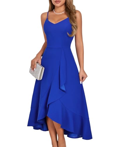 DRESSTELLS Cocktailkleid Damen Festlich Träger Hochtief Kleider für Hochzeitsgäste Knielang Rüschensaum Sommerkleid Rückenfrei Curvy Elegantes Partykleid Royalblue S von DRESSTELLS