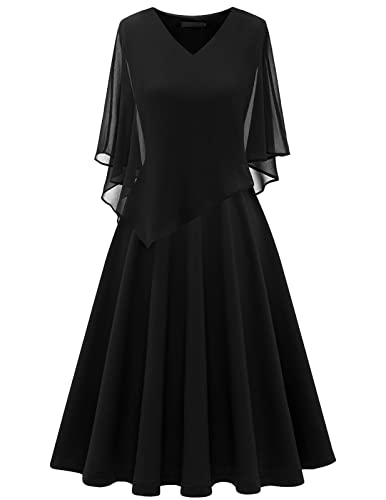 DRESSTELLS Damen Große Größe Abendkleid Chiffon Cape Elegant Jugendweihe Kleider Hochzeit V-Ausschnitt Knielang A-Linie Sommer Cocktailkleideid Black M von DRESSTELLS