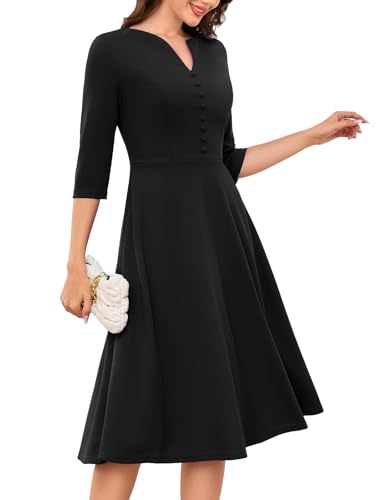 DRESSTELLS Schwarzes Kleid Damen Beerdigung Cocktailkleid 3/4 arm Hochzeitgast Damen 50er Jahre Vintage Swing Langarm Festliche Kleid, Black S von DRESSTELLS