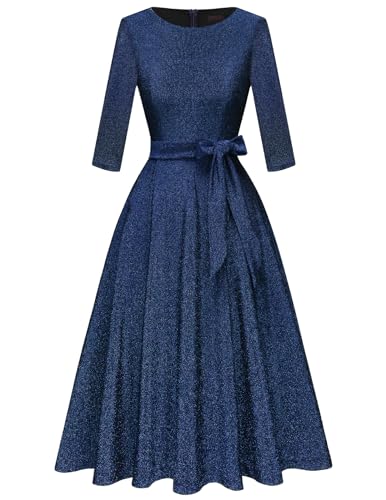 DRESSTELLS Damen 1950s Rockabilly Petticoat Vintage Kleider Schwing Faltenrock Sparkle Festliches Hochzeitskleid Elegant Abendkleid Knielang Audrey Hepburn Kleid Glitter Navy L von DRESSTELLS