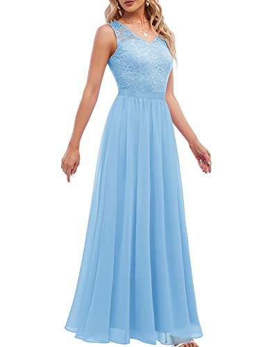 DRESSTELLS Damen Ballkleid Maxi Lang Abendkleider Chiffon Spitzen Brautjungfernkleider Bodenlang Cocktailkleid Konfirmationskleid LightBlue L von DRESSTELLS