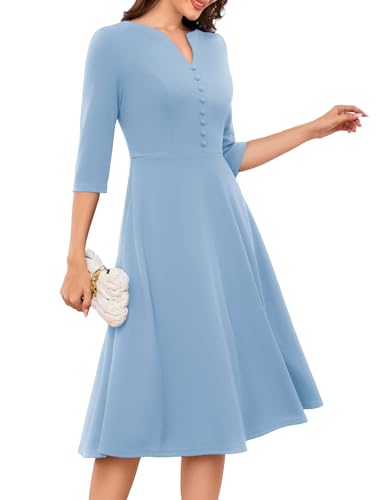 DRESSTELLS Vintage Kleid Blau Elegant Cocktailkleid Damen Hochzeitgast 3/4 Ärmeln Swing Festliche Ballkleid Midi Petticoat Abendkleid Langarm Blue XL von DRESSTELLS