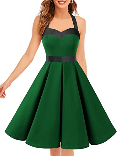 DRESSTELLS Vintage Kleid Damen Neckholder 1950er Retro Rockabilly Kleider Petticoat Faltenrock Cocktail Festliche Kleider Green Black S von DRESSTELLS