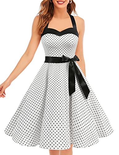 DRESSTELLS Vintage Kleider Damen Neckholder Rockabilly 1950er Polka Dots Kleid Retro Cocktailkleid Petticoat Kleid White Small Black Dot XL von DRESSTELLS