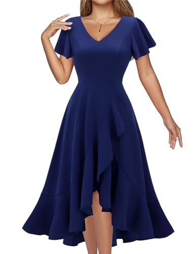 DRESSTELLS Vintage Rockabilly Kleid Cocktailkleid Damen Elegant Knielang Abendkleid Dunkelblau Rüschen Partykleid V-Ausschnitt Hochtief Sommerkleider Navy M von DRESSTELLS