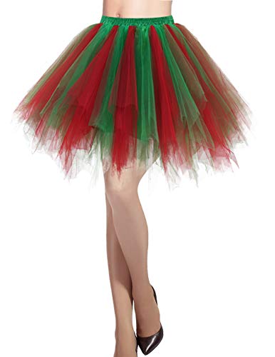 DRESSTELLS Karneval Tüllrock Damen Tütü Karneval 50er Rockabilly Petticoat Ballet Unte Halloween Fasching Cosplay Tanzkleid Kostüm Green Red M von DRESSTELLS