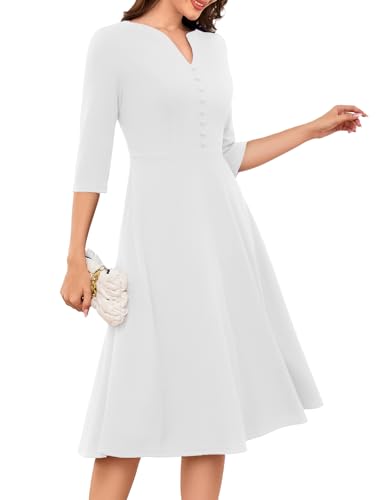DRESSTELLS Weißes Rockabilly Kleid Elegant Cocktailkleid Damen Hochzeitgast 3/4 Ärmeln Swing Festliche Ballkleid Midi Petticoat Abendkleid Langarm White 2XL von DRESSTELLS