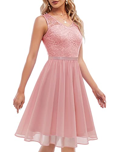 DRESTELLS Damen Spitzenkleid Ärmellos Chiffon Brautjungfernkleid Elegant Party Cocktailkleid Knielang Blush M von DRESSTELLS