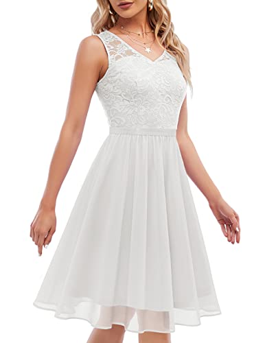 DRESTELLS Damen Spitzenkleid Ärmellos Chiffon Brautjungfernkleid Elegant Party Cocktailkleid Knielang White S von DRESSTELLS