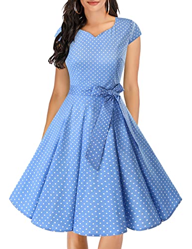 Dresstells Damen Vintage 50er Cap Sleeves Rockabilly Swing Kleider Retro Hepburn Stil Cocktailkleid Blue Small White Dot S von DRESSTELLS