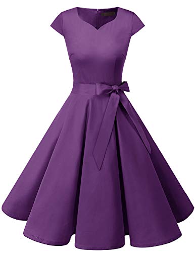 Dresstells Damen Vintage 50er Cap Sleeves Rockabilly Swing Kleider Retro Hepburn Stil Cocktailkleid Purple S von DRESSTELLS