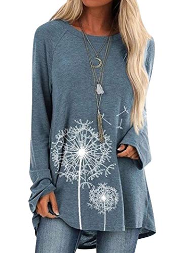 Dresswel Damen Tunika Top Langarm Oberteile Löwenzahn Lang Pullover Langarmshirt Lose Bluse T Shirt (Blue, XXL) von Dresswel