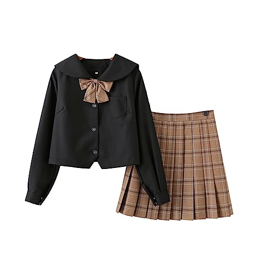 Damen Mädchen Hohe Taille Faltenrock Set Japanische Schule JK Uniform Anzug mit Wadensocken,Schwarzes Hemd 34 von DRGE