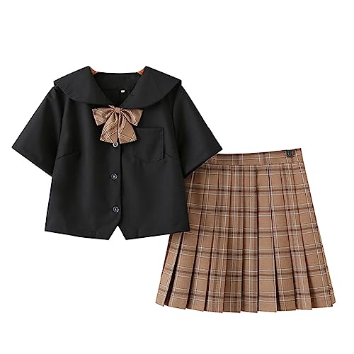 Damen Mädchen Hohe Taille Faltenrock Set Japanische Schule JK Uniform Anzug mit Wadensocken,Schwarzes Hemd 34 von DRGE