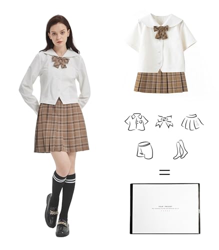 Damen Mädchen Hohe Taille Faltenrock Set Japanische Schule JK Uniform Anzug mit Wadensocken Weißes Hemd 36 von DRGE