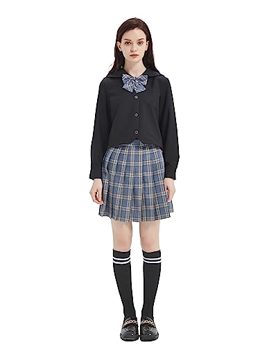 Damen Mädchen JK Uniform Anzug Japanische Schuluniform Hohe Taille Kurzer Plaid Faltenrock und Schwarzes Hemd mit Wadensocken,32 von DRGE