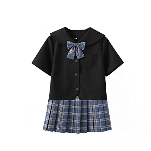 Damen Mädchen JK Uniform Anzug Japanische Schuluniform Hohe Taille Kurzer Plaid Faltenrock und Schwarzes Hemd mit Wadensocken,32 von DRGE