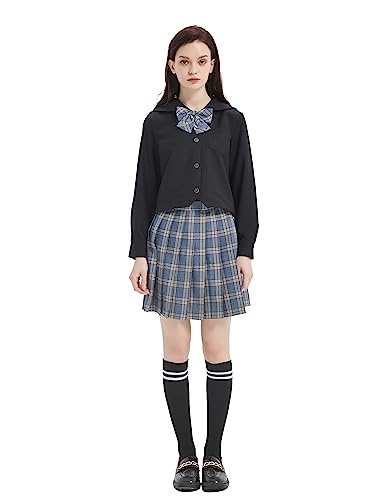Damen Mädchen JK Uniform Anzug Japanische Schuluniform Hohe Taille Kurzer Plaid Faltenrock und Schwarzes Hemd mit Wadensocken,34 von DRGE