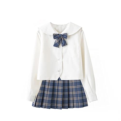 Damen Mädchen JK Uniform Anzug Japanische Schuluniform Hohe Taille Kurzer Plaid Faltenrock und weißes Hemd mit Wadensocken,34 von DRGE