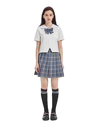Damen Mädchen JK Uniform Anzug Japanische Schuluniform Hohe Taille Kurzer Plaid Faltenrock und weißes Hemd mit Wadensocken,34 von DRGE