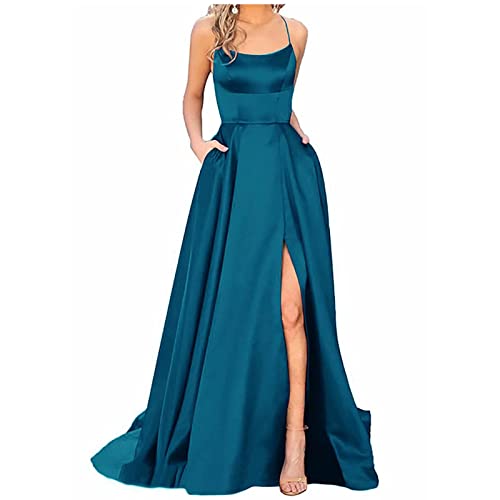 Abendkleider Elegant Lang, Gothic Kleidung Damen Günstige Abendkleider Lang Sexy Kostüme Frauen Damen Lange Ballkleider Elegant Neckholder Rückenfrei Kleider A-Linie Criss-Cross (Blau,XS) von DRILEND