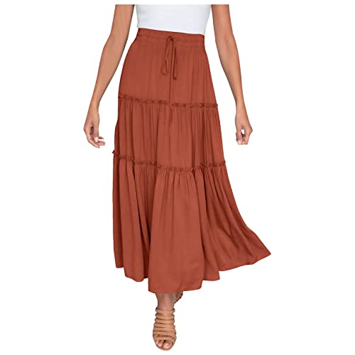 Ballkleider Damen Lang, Abendkleid Mit Schlitz Sommerkleid Damen Damen Solid Elastische Taille Krawatte Hohe Taille Midi-Rock Boho A-Linie Faltenrock Kleid Knie Jj House Kleid(Orange,L) von DRILEND