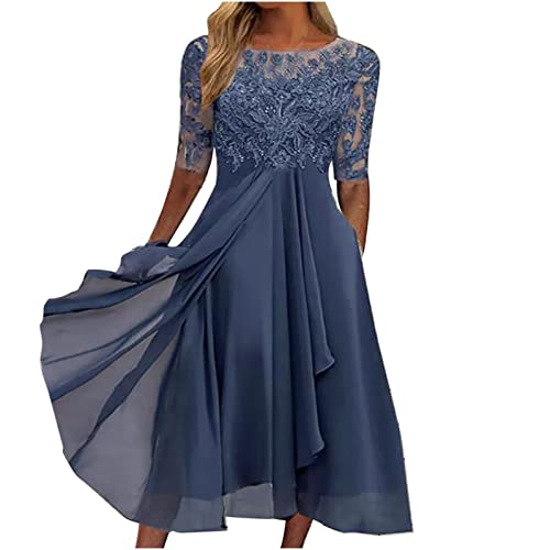 Ballkleider Damen Lang,Cocktailkleid Damen Elegant Damen Kleid Chiffon Elegantes Spitze Patchwork Ausschnitt Langes Brautjungfer Abendkleid Kleid Damen Elegant W&Tt Enges Lang (Blau,XXL) von DRILEND