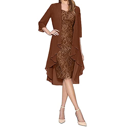 Ballkleider Damen Lang,Damen Kleider Elegant Festlich Damen Mode Zweiteilige Charmante Hochzeit Kleid Solide Farbe Mutter Der Braut Spitze Kleider Rockabilly Kleider Damen Sommer (Kaffee,5XL) von DRILEND