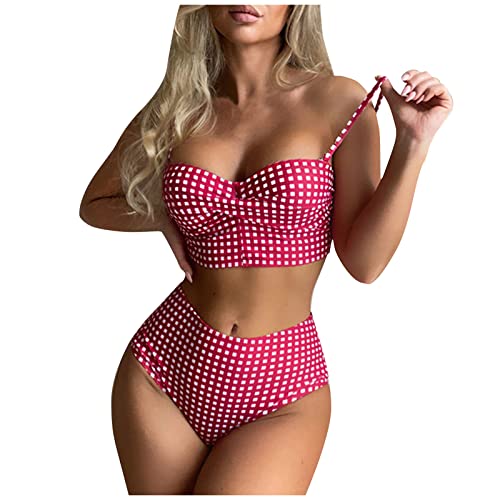 Bikini Damen Set Bauch Weg, Bikini Damen Push Up Damen Badeanzug Mit Brustpolster Push-Up Zweiteiliger Tank Top Höschen Slim Fit Karierter Damen Bikini Große Größen Übergröße Geburtstag(Heißes Rosa,S) von DRILEND