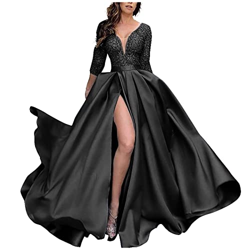 Clouspo Kleid, Gothic Kleidung Damen Kleid Damen Elegant Abendkleider Lang W&Tt Kleid Sommer Kleider A Linien Kleid Damen Sommer Boho Lang Tunika Kleid Damen Schwarz Tesettür Giyim(Schwarz,XL) von DRILEND