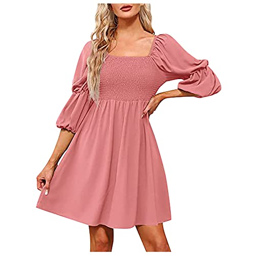 DRILEND Aniston Casual Kleid, 20Er Jahre Kleid Boho Damen Abendkleid Kurz Damenmode Halsausschnitt Puffärmel Plissiertes Rückenfreies Kleid Partykleid Damen Sommerkleid Kurz Rostrot Kleid (Rosa,L) von DRILEND