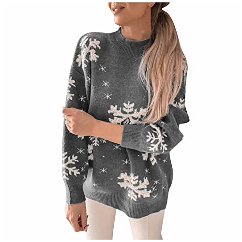 DRILEND Before Christmas Pullover,Damen Elegant Winter Glitzer Pullover Damen Sexy Winter Schöne Bescherung Pullover Damen Stehkragen Slim Fit Pullover Schneeflocke Sexy Elegant(3-Grau,XL) von DRILEND