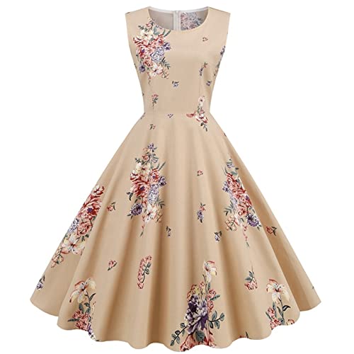 DRILEND Boho Kleid Damen Sommer, Damen Kleider Sommer Sommerkleid Lang Kleid Festlich Damen Party Print Farbe Ärmellos Retro Kleid Ärmel Grenadine Geschenke Für Frauen Geburtstag Kleid (Beige,S) von DRILEND