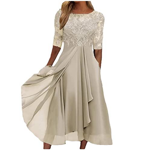 DRILEND Bunte Sommerkleider, Y2K Clothes Tunika Kleid Damen Luftige Sommerkleider Damen Kleid Chiffon Elegantes Spitze Patchwork Ausgeschnitten Langes Brautjungfer Abendkleid Kostüm Damen (Beige,S) von DRILEND