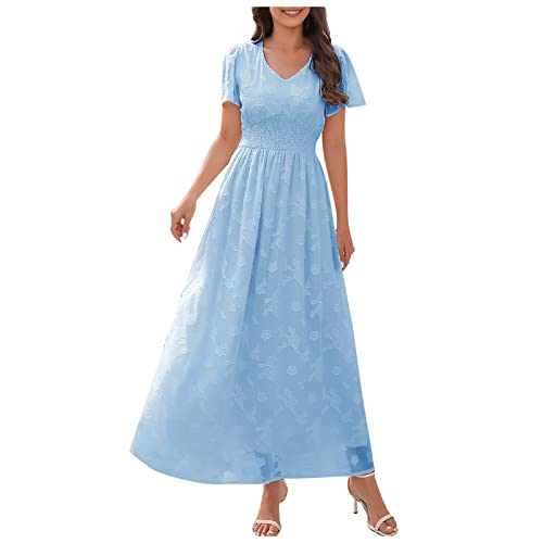 DRILEND Coctel Kleid Damen Elegant, Sommerkleid Damen Knielang Festival Outfit Abendkleid Lang Elegant Für Hochzeit Damenmode V-Ausschnitt Fest Farbe Kurzarm Kleid Urlaub Reise Kleider (Blau,XXL) von DRILEND