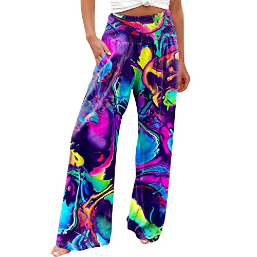 DRILEND Culotte Hose Damen, Jogginghose Weites Bein Damen Haremshosen Sommer Hose Mit Weitem Damen Mode Lose Casual Print Hohe Taille Weites Bein Hosen Hosen Flatterhose Damen Sommer (Hellrosa,M) von DRILEND