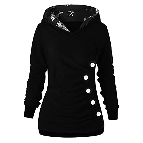 DRILEND Damen Hoodies Pullover Langarm,Stehbund Gefütterte Hoodie Damen Kaschmir Rundhals Mit Herzen Hoodie Damen Queen 2Er Set XXL Flauschig Hoodie Damen Oversize Kuschelig Lässig(1-Schwarz,3XL) von DRILEND