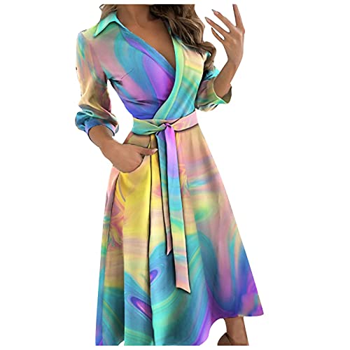 DRILEND Damen Sommerkleid, Kleider Damen Festlich Hochzeit Rockabilly Anime Kostüm Mode Damen Casual Revers Gedruckt Sieben-Teilige Ärmel Kleid Langes Sommerkleid Midi Strandkleider Damen (Lila,L) von DRILEND